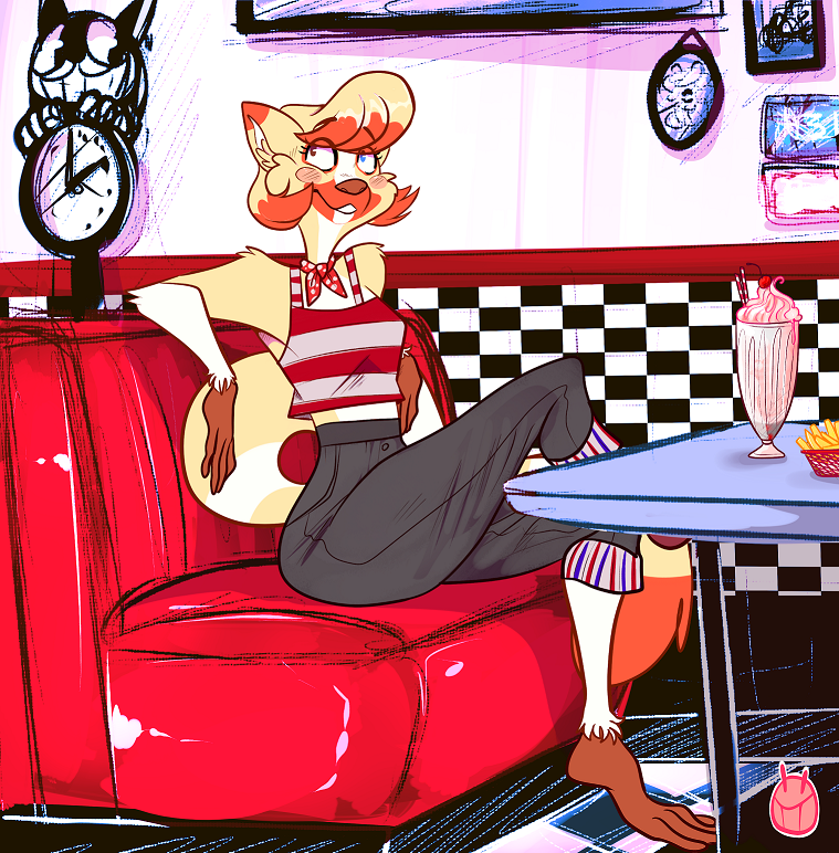2017 80s anthro arm_support arm_tuft bandanna barefoot biped blonde_hair blush_sticker bob_cut breasts brown_fur brown_nose chair checkerboard checkerboard_floor checkerboard_wall cherry clock clothed clothing crossed_legs digital_drawing_(artwork) digital_media_(artwork) diner dipstick_ears ears_back eye_through_hair eyebrows_through_hair eyelashes female food fries fruit fur glass gloves_(marking) grey_bottomwear grey_clothing hair heterochromia humanoid_hands inner_ear_fluff inside leaning_on_elbow leg_tuft lemur long_tail looking_away mammal markings midriff milkshake multicolored_fur multicolored_hair on_chair orange_fur orange_hair pants pink_clothing pink_topwear prehensile_feet primate raised_eyebrows red_clothing red_topwear restaurant ring-tailed_lemur ryarik shirt short_hair side_view sitting small_breasts small_pupils small_waist smile socks_(marking) solo straw striped_fur striped_tail stripes table tank_top toony translucent_hair tuft two_tone_hair voluptuous watermark white_fur white_stripes yellow_fur yellow_stripes