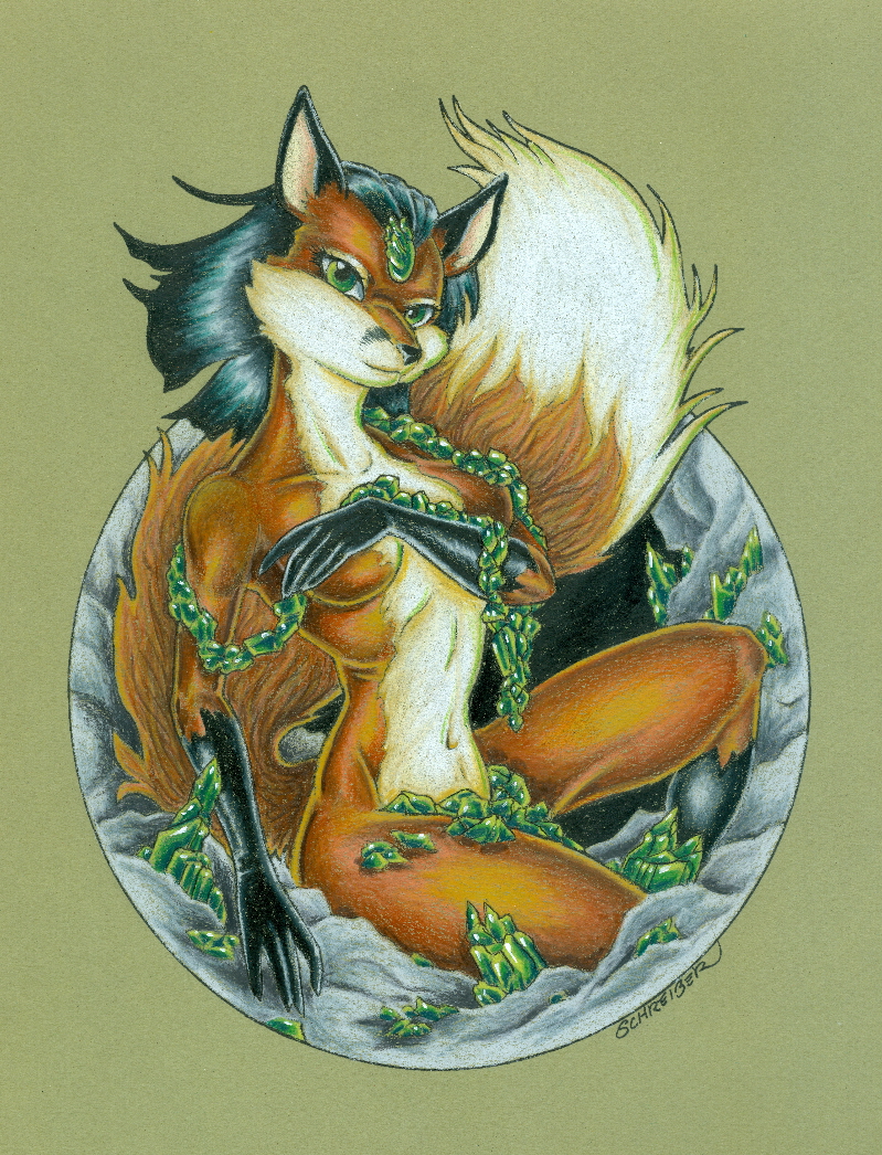 anthro black_hair breasts canine covering covering_breasts emerald_(gem) female fox fur gem green_eyes hair jewelry mammal necklace nude red_fox red_fur sandy_schreiber solo white_fur