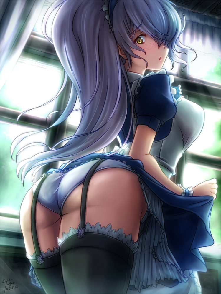 1girl ass blue_hair blush breasts cameltoe eltnage from_behind garter_straps hair_over_one_eye headdress large_breasts long_hair looking_back maid maid_headdress open_mouth original panties shiny shiny_hair shiny_skin sideboob skirt skirt_lift solo thighhighs very_long_hair yellow_eyes