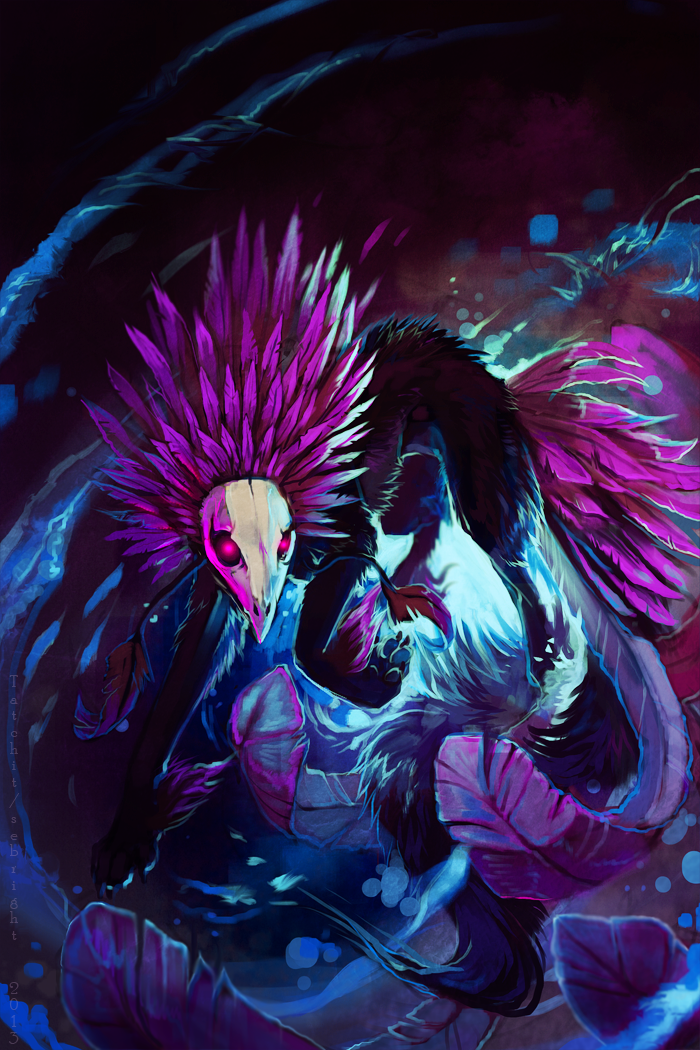2013 ambiguous_gender black_fur canine detailed_background feathers feral fur mammal paws purple_feathers solo tatchit