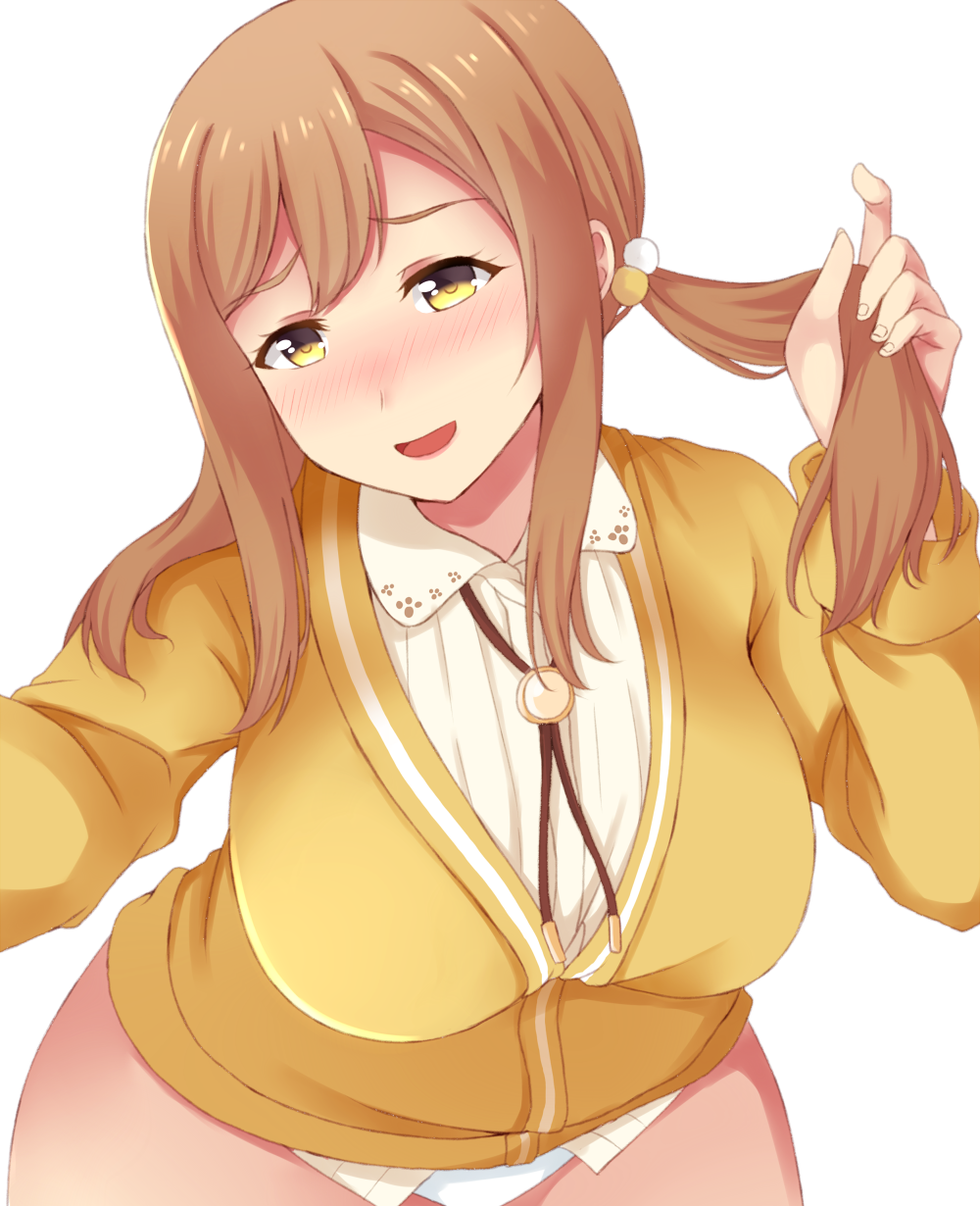 :d ako_suke alternate_hairstyle blush bolo_tie breasts brown_hair cardigan collared_shirt commentary_request eyebrows_visible_through_hair hair_between_eyes hair_bobbles hair_ornament highres holding holding_hair kunikida_hanamaru large_breasts leaning_forward long_hair long_sleeves looking_away love_live! love_live!_sunshine!! nose_blush open_mouth paw_print shirt simple_background smile solo twintails white_background white_shirt wide_hips wing_collar