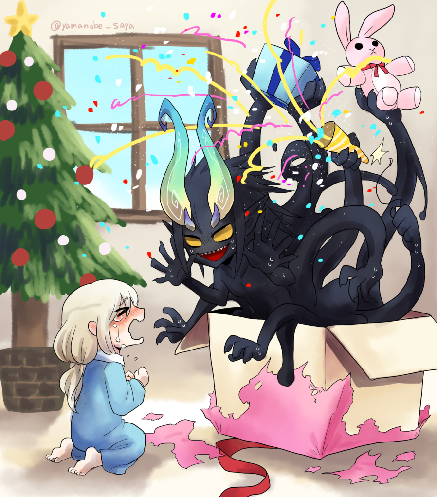 &gt;_&lt; :d barefoot black_hair black_skin blonde_hair blue_pajamas blue_ribbon blush bow box child christmas christmas_ornaments christmas_tree closed_eyes crying eyebrows_visible_through_hair from_side full_body gift gift_box gloom_(expression) hair_between_eyes holding holding_gift horns indoors long_hair low-tied_long_hair mikuromono monster multiple_arms no_pupils nose_blush open_mouth original pajamas party_popper pointy_ears red_bow red_ribbon ribbon sharp_teeth sitting smile solid_circle_eyes star stuffed_animal stuffed_bunny stuffed_toy sweat teeth twitter_username window yellow_sclera