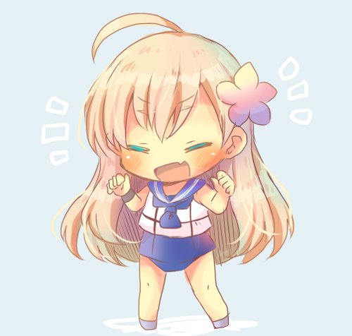 blonde_hair blue_background blue_sailor_collar blue_swimsuit chibi closed_eyes crop_top flower full_body hair_flower hair_ornament kantai_collection kouu_hiyoyo long_hair lowres open_mouth ro-500_(kantai_collection) sailor_collar school_swimsuit simple_background solo standing swimsuit swimsuit_under_clothes tan