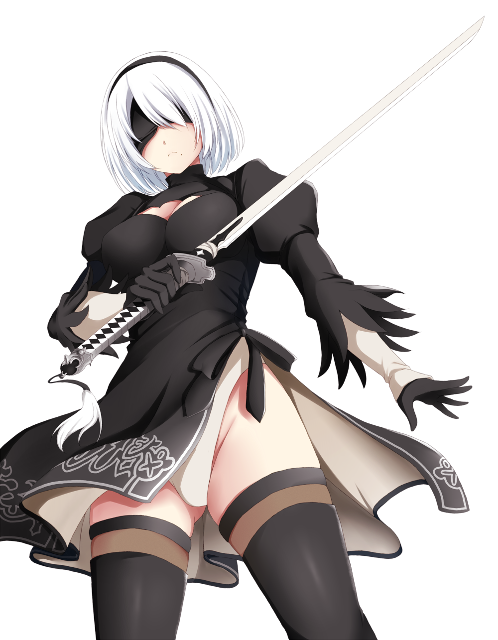ako_suke ass black_dress black_gloves black_legwear blindfold breasts closed_mouth commentary_request cowboy_shot dress frown gloves groin hair_over_one_eye hairband head_tilt highleg highleg_leotard highres holding holding_sword holding_weapon leotard medium_breasts mole mole_under_mouth nier_(series) nier_automata puffy_sleeves simple_background solo sword thighhighs weapon white_background white_hair white_leotard yorha_no._2_type_b