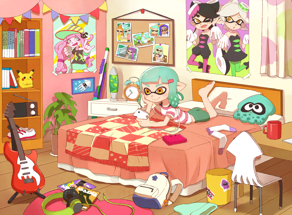 1girl \n/ alarm_clock analog_clock ankle_boots aori_(splatoon) backpack backpack_removed bad_id bad_pixiv_id bag bangs barefoot beanie bed bed_sheet bedroom black_dress black_footwear black_hair black_jumpsuit blanket blooper blue_skirt blunt_bangs bookbag bookshelf boots brown_eyes bulletin_board casual cellphone chair chin_rest classic_squiffer_(splatoon) clock closed_mouth coffee_mug company_connection cup domino_mask dress earrings electric_guitar fangs food food_on_head gen_1_pokemon gloves green_hair green_legwear green_skirt grey_hair guitar hair_ornament hairclip hat hat_removed headphones headphones_removed headwear_removed holding holding_cellphone holding_phone hotaru_(splatoon) indoors inkling inkling_(language) instrument jewelry lava_lamp leg_up long_hair looking_at_phone lying mario_(series) mask medium_skirt mug object_on_head on_bed on_stomach one_eye_closed open_mouth orange_eyes pantyhose parted_lips paruko_(splatoon) pennant phone pikachu pillow pink_hair pink_shirt plant pointy_ears pokemon pokemon_(creature) poster_(object) potted_plant purple_legwear radio riko_(sorube) rug shirt shoes shoes_removed short_hair short_jumpsuit skirt smartphone smile socks socks_removed solo splatoon_(series) squid squid_pose sticker strapless string_of_flags striped striped_shirt stuffed_animal stuffed_toy super_mario_bros. table tentacle_hair toy_gun trash_can white_gloves wooden_floor