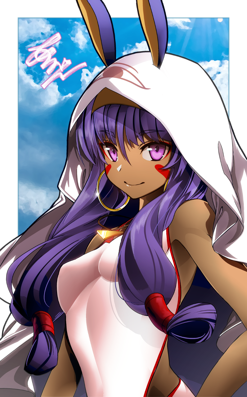 arikanrobo armpits bangs bare_shoulders breasts closed_mouth commentary_request dark_skin earrings eyebrows_visible_through_hair facial_mark fate/grand_order fate_(series) hair_between_eyes hairband highres hood hoop_earrings jewelry long_hair looking_at_viewer marker_(medium) nitocris_(fate/grand_order) nitocris_(swimsuit_assassin)_(fate) one-piece_swimsuit purple_eyes purple_hair small_breasts smile solo swimsuit traditional_media upper_body