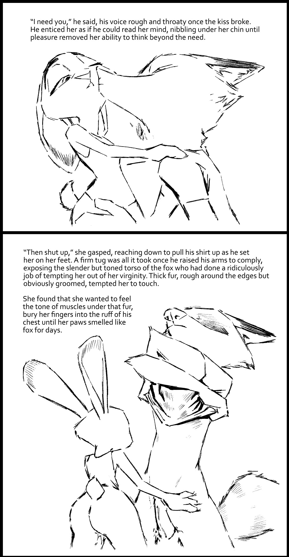 2017 anthro barefoot black_and_white bottomless butt canine clothed clothing clothing_lift comic dipstick_ears disney duo english_text erection female fox judy_hopps kissing lagomorph male male/female mammal monochrome nick_wilde one_eye_closed penis pussy_juice rabbit shirt shirt_lift simple_background text thewyvernsweaver undressing white_background zootopia