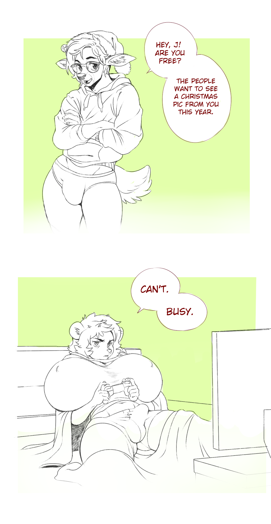 anthro big_breasts boosterpang breasts bulge cervine christmas clothed clothing comic deer dialogue dickgirl duo english_text eyewear glasses hat holidays huge_breasts intersex male mammal mustelid nipple_bulge santa_hat text thick_thighs video_games