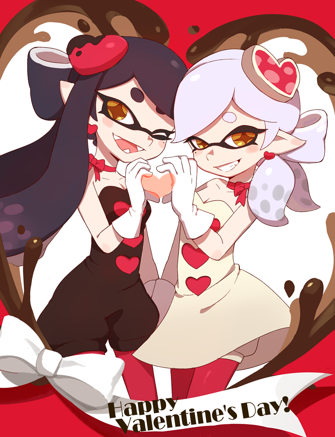 adapted_costume aori_(splatoon) bad_id bad_pixiv_id black_hair black_jumpsuit blush_stickers breasts brown_eyes cleavage cousins domino_mask dress earrings fangs gloves grin hair_ornament happy_valentine heart heart_hair_ornament heart_hands hotaru_(splatoon) jewelry long_hair looking_at_viewer mask medium_breasts mole mole_under_eye multiple_girls neck_ribbon one_eye_closed open_mouth pantyhose red_legwear ribbon riko_(sorube) short_dress short_hair short_jumpsuit shorts shorts_under_dress silver_hair smile splatoon_(series) standing symmetrical_hand_pose tentacle_hair thighhighs valentine white_dress white_gloves white_shorts