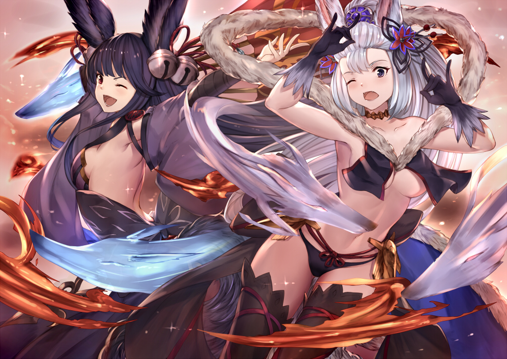 ;d ;o animal_ears backless_outfit bell black_gloves black_hair black_legwear blue_eyes breasts choker cleavage cosplay costume_switch dress erune fangs fox_shadow_puppet from_side gloves granblue_fantasy hair_bell hair_ornament jingle_bell large_breasts looking_at_viewer medium_breasts midriff multiple_girls navel one_eye_closed open_mouth outstretched_arms pak_ce red_eyes sideboob silver_hair smile socie_(granblue_fantasy) socie_(granblue_fantasy)_(cosplay) thighhighs underboob yuel_(granblue_fantasy) yuel_(granblue_fantasy)_(cosplay)