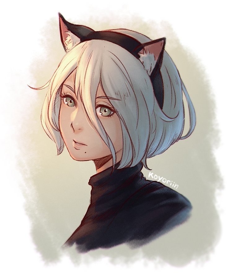 animal_ears black_dress cat_ears dress eyebrows_visible_through_hair face green_eyes hair_between_eyes hairband koyorin light lips looking_at_viewer mole mole_under_mouth nier_(series) nier_automata no_blindfold parted_lips short_hair simple_background solo turtleneck upper_body white_hair yorha_no._2_type_b