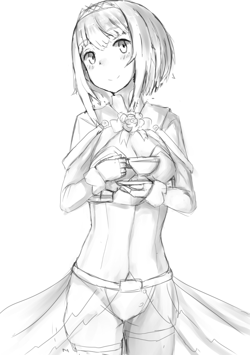 ark_royal_(kantai_collection) bangs blunt_bangs blush bob_cut breasts cleavage_cutout closed_mouth commentary corset cowboy_shot cup eyebrows_visible_through_hair flower gloves greyscale holding holding_cup kantai_collection kouzou_myouji long_sleeves looking_at_viewer monochrome pantyhose ribbon rose short_hair shorts showgirl_skirt simple_background sketch small_breasts smile solo teacup tiara