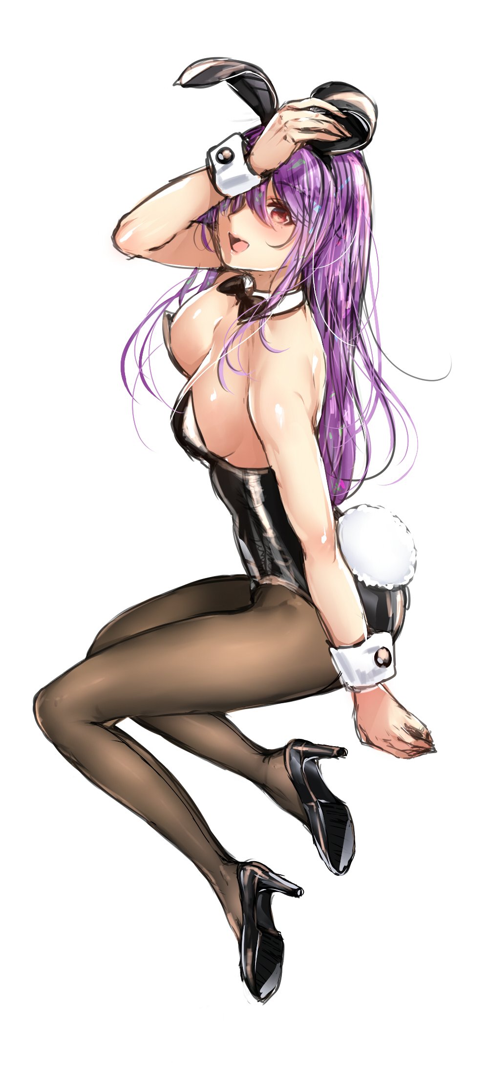animal_ears banned_artist bare_arms bare_shoulders black_footwear black_legwear black_leotard breasts bunny_ears bunny_tail bunnysuit cleavage detached_collar fake_animal_ears full_body hair_over_one_eye high_heels highres leotard long_hair looking_at_viewer medium_breasts open_mouth pantyhose purple_hair red_eyes reisen_udongein_inaba shoes sideboob simple_background sketch smile solo tail touhou tsukiriran white_background wrist_cuffs
