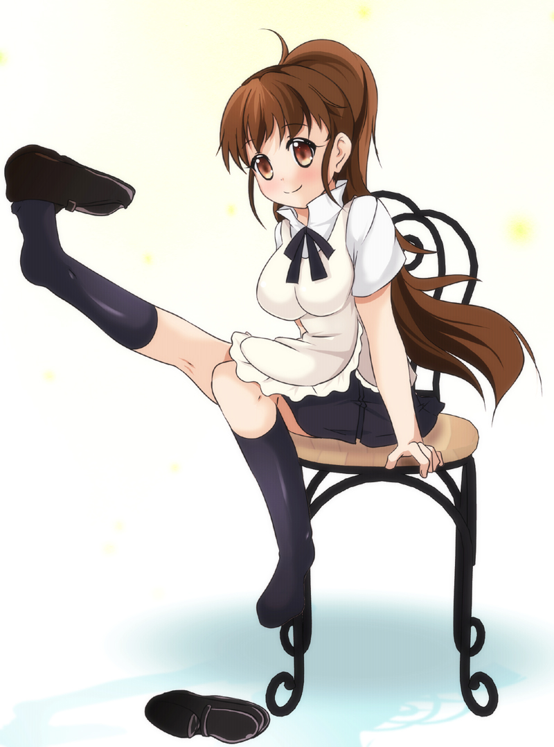 1girl apron artist_request breasts brown_eyes brown_hair chair feet highres kneehighs large_breasts long_hair looking_at_viewer ponytail shoe shoe_dangle sitting skirt smile stockings taneshima_popura working!!