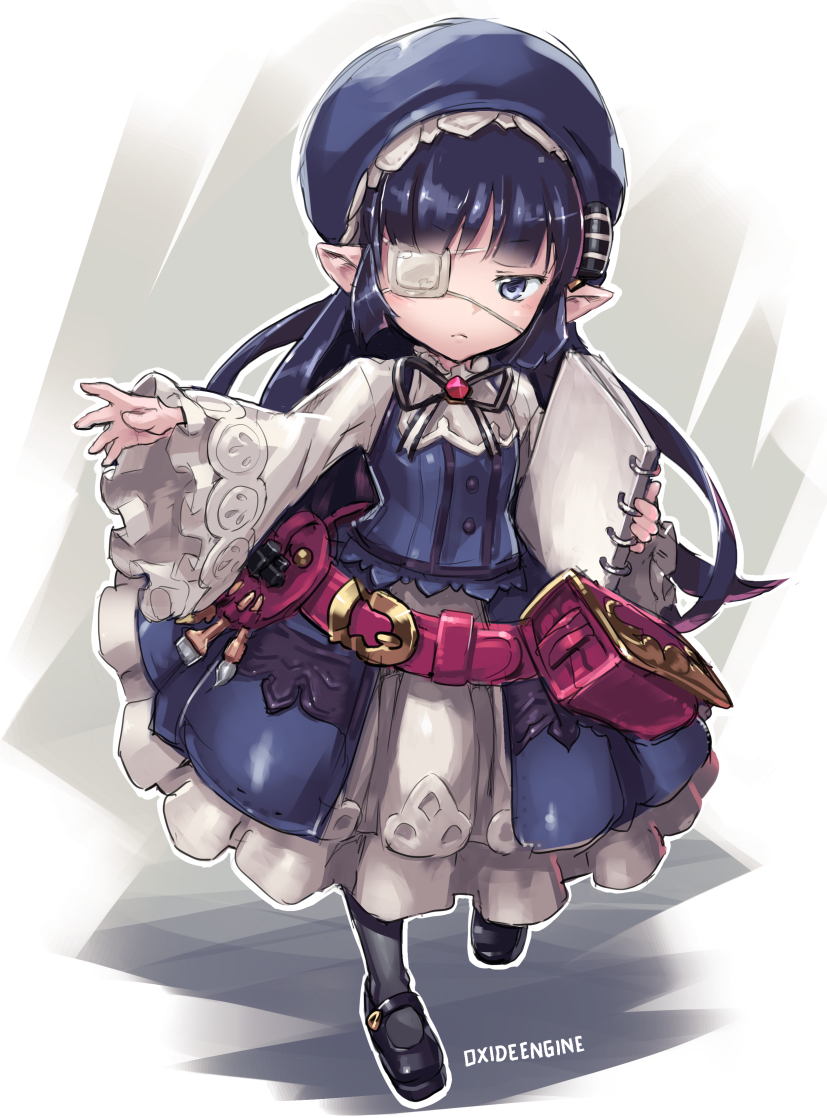 &gt;:( belt black_footwear black_hair black_legwear blue_eyes book closed_mouth dress eyebrows_visible_through_hair eyepatch frilled_sleeves frills frown full_body granblue_fantasy harvin holding holding_book long_hair long_sleeves lunalu_(granblue_fantasy) mary_janes medical_eyepatch pointy_ears pouch shoes sketch solo tomonao v-shaped_eyebrows wide_sleeves