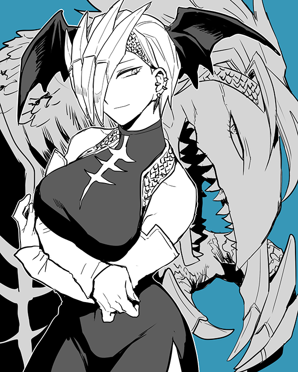 abaraya bare_shoulders bat_wings blue_background boku_no_hero_academia breasts chinese_clothes claws covered_navel cowboy_shot detached_sleeves dragon dual_persona ear_piercing earrings hair_over_one_eye jewelry large_breasts monochrome piercing ryuukyuu sharp_teeth short_hair side_slit simple_background solo standing teeth upper_body wings