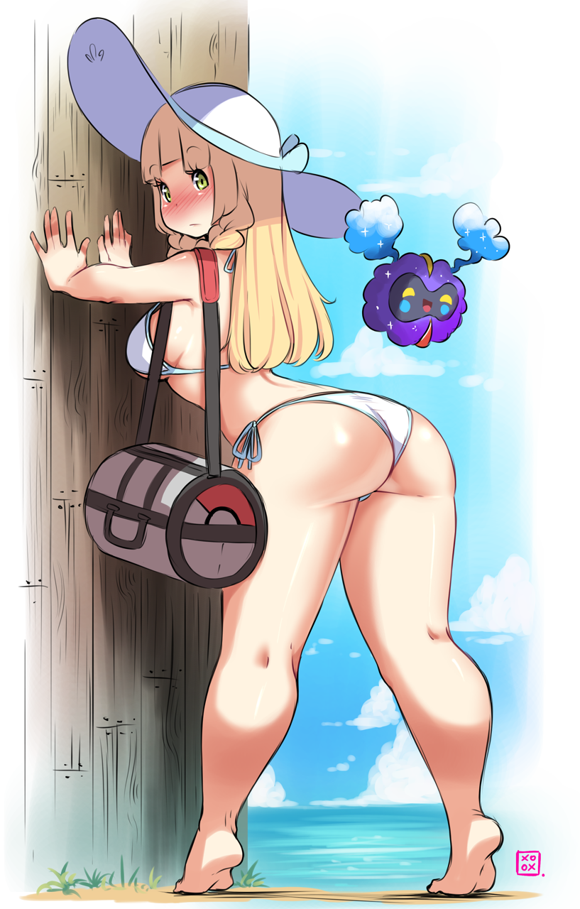 against_wall ass barefoot beach bent_over bikini blonde_hair blush breasts cosmog curvy day feet full-face_blush gen_7_pokemon hat highres kenron_toqueen large_breasts leaning_forward lillie_(pokemon) long_hair looking_at_viewer looking_back ocean pokemon pokemon_(creature) pokemon_(game) pokemon_sm side-tie_bikini sideboob soles sun_hat swimsuit thick_thighs thighs tiptoes white_bikini wide_hips