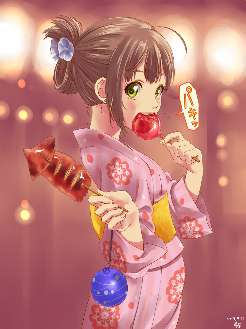 ahoge artist_name blurry bokeh brown_hair candy_apple cowboy_shot dated depth_of_field earrings fingernails floral_print flower folded_ponytail food food_in_mouth from_side green_eyes hair_flower hair_ornament highres holding ikayaki japanese_clothes jewelry kimono looking_at_viewer obi onomatopoeia original pink_kimono pizza_man sash solo speech_bubble squid stud_earrings water_yoyo yukata