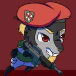 beret blonde_hair canine capcom chibi gun hair hat invalid_background invalid_color invalid_tag male mammal military ranged_weapon resident_evil rifle ubcs umbrella video_games weapon wolf