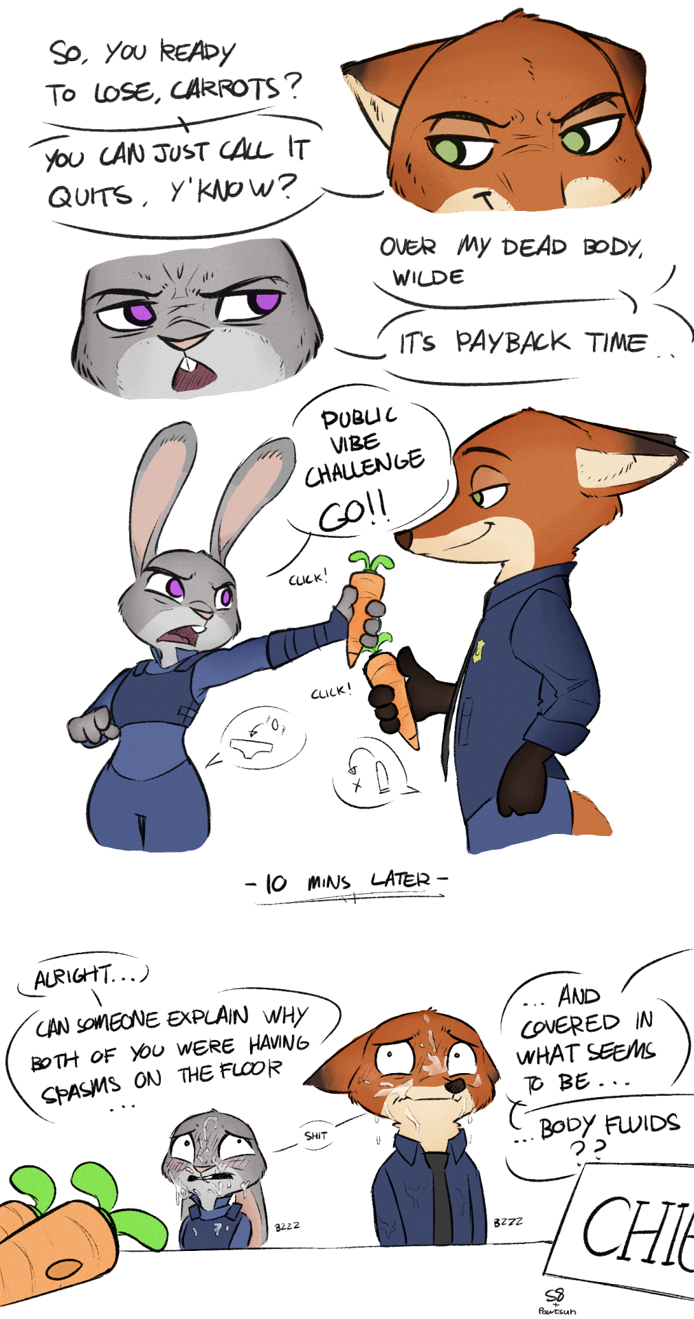 2016 absurd_res alec8ter anthro blush buckteeth canine clothed clothing comic competition controller cum cum_on_face dialogue disney duo ears_down embarrassed english_text female fox hi_res hidden_vibrator humor judy_hopps lagomorph male mammal necktie nick_wilde open_mouth orgasm panties pawtsun police_badge police_uniform pussy_juice pussy_juice_drip pussy_juice_on_face rabbit remote_control sex_toy sex_toy_under_clothing signature smile speech_bubble teeth text underwear uniform vibrator zootopia
