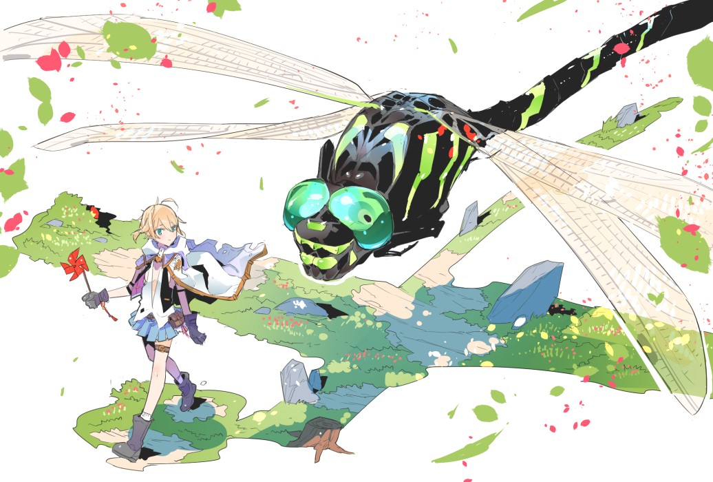 ahoge animal blonde_hair blue_eyes blue_gloves blue_skirt boots bug capelet commentary_request dragonfly flying gloves grass holding insect legband looking_at_another looking_to_the_side original oversized_animal pleated_skirt shirt short_hair skirt standing tajima_ryuushi walking white_background white_capelet white_shirt