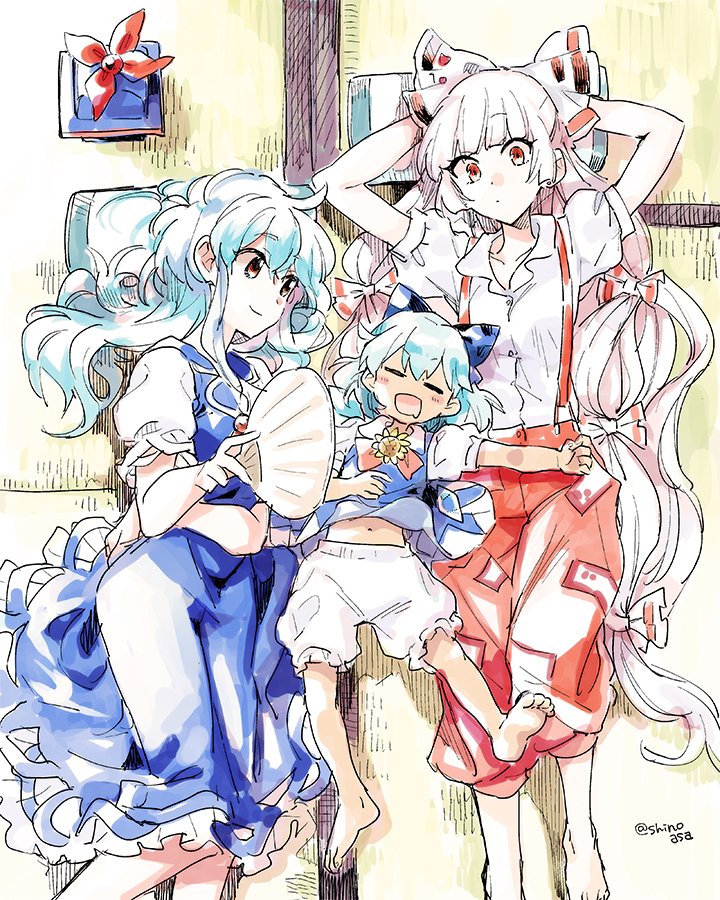 arms_behind_head bangs barefoot bloomers blue_hair blunt_bangs bow brown_eyes cirno closed_eyes collared_shirt dress dress_lift fan flower frilled_dress frills from_above fujiwara_no_mokou girl_sandwich hair_bow hat hat_removed headwear_removed kamishirasawa_keine long_hair lying midriff multiple_girls on_back on_side paper_fan pillow puffy_pants puffy_short_sleeves puffy_sleeves red_eyes sandwiched shinoasa shirt short_sleeves smile sunflower suspenders tanned_cirno tatami touhou twitter_username underwear very_long_hair white_hair |d