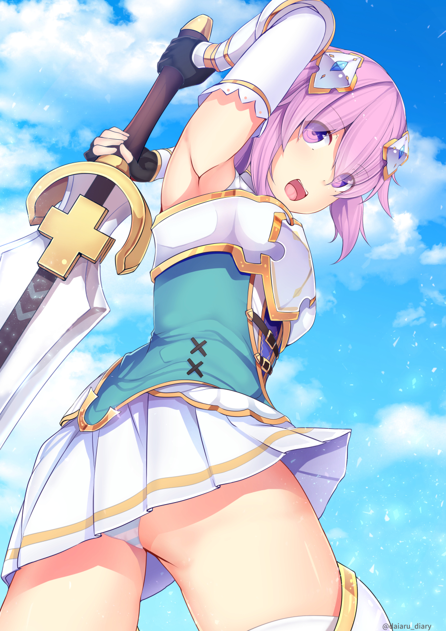 :d arm_up armpits ass black_gloves breastplate cloud cowboy_shot daiaru day eyebrows_visible_through_hair eyes_visible_through_hair fingerless_gloves four_goddesses_online:_cyber_dimension_neptune from_behind from_below gloves hair_ornament hair_over_eyes highres holding holding_sword holding_weapon neptune_(choujigen_game_neptune) neptune_(series) open_mouth panties purple_eyes purple_hair skirt sky smile solo striped striped_panties sword twitter_username underwear weapon white_skirt