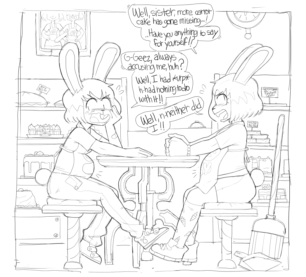 2017 angry anthro argue bakery belly big_belly breasts clothed clothing comic duo female food fur hair lagomorph mammal open_mouth pregnant rabbit sibling sisters stuffing weight_gain