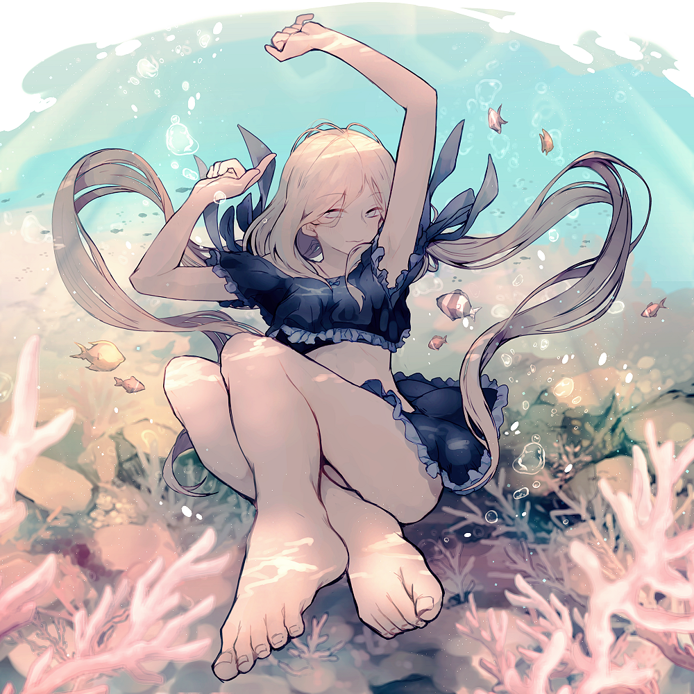 air_bubble armpits arms_up bare_legs barefoot black_skirt bubble closed_mouth commentary_request coral crop_top eyebrows_visible_through_hair fish floating_hair frills light_smile long_hair looking_at_viewer midriff miyanoyori original skirt solo submerged thighs tsurime underwater
