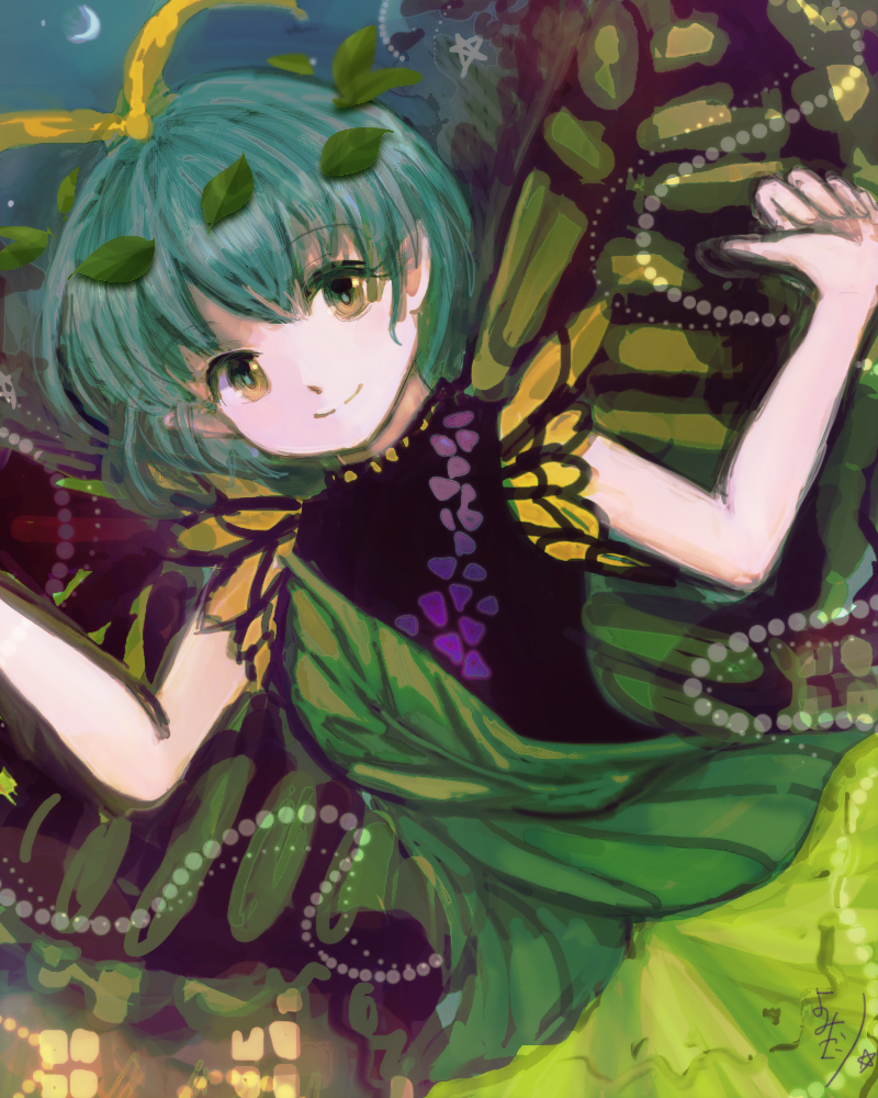 antennae aqua_hair butterfly_wings commentary_request crescent_moon dress eternity_larva green_dress green_eyes hair_between_eyes hair_ornament katari leaf leaf_hair_ornament leaf_on_head looking_at_viewer moon outstretched_arms pointy_ears short_hair short_sleeves smile solo star star_(sky) touhou wings