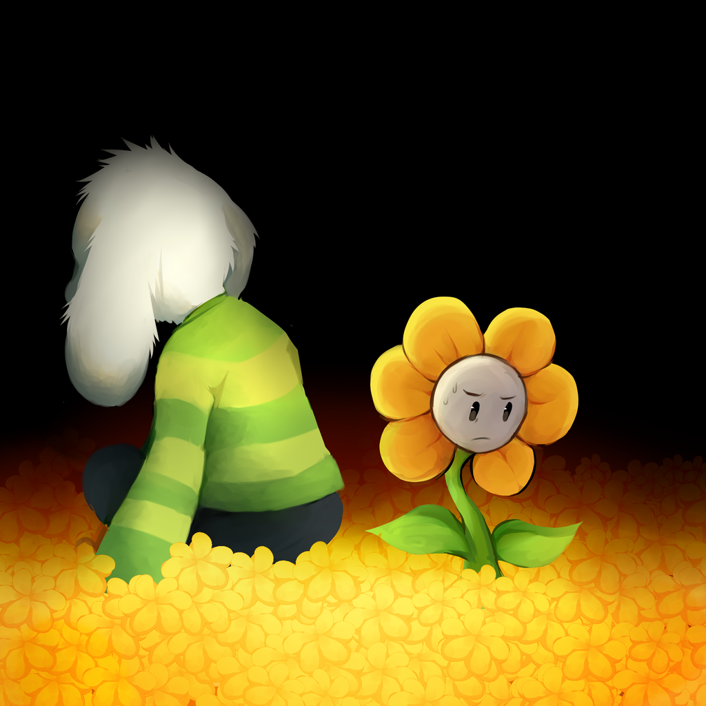 2016 anthro asriel_dreemurr back_to_back better_version_at_source black_background boss_monster caprine child clothed clothing cub dexikon duo faceless_male flora_fauna flower flowey_the_flower front_view frown fully_clothed fur goat lighting looking_away looking_down male mammal nervous plant rear_view shadow simple_background sitting square_crossover sweat undertale video_games white_fur young
