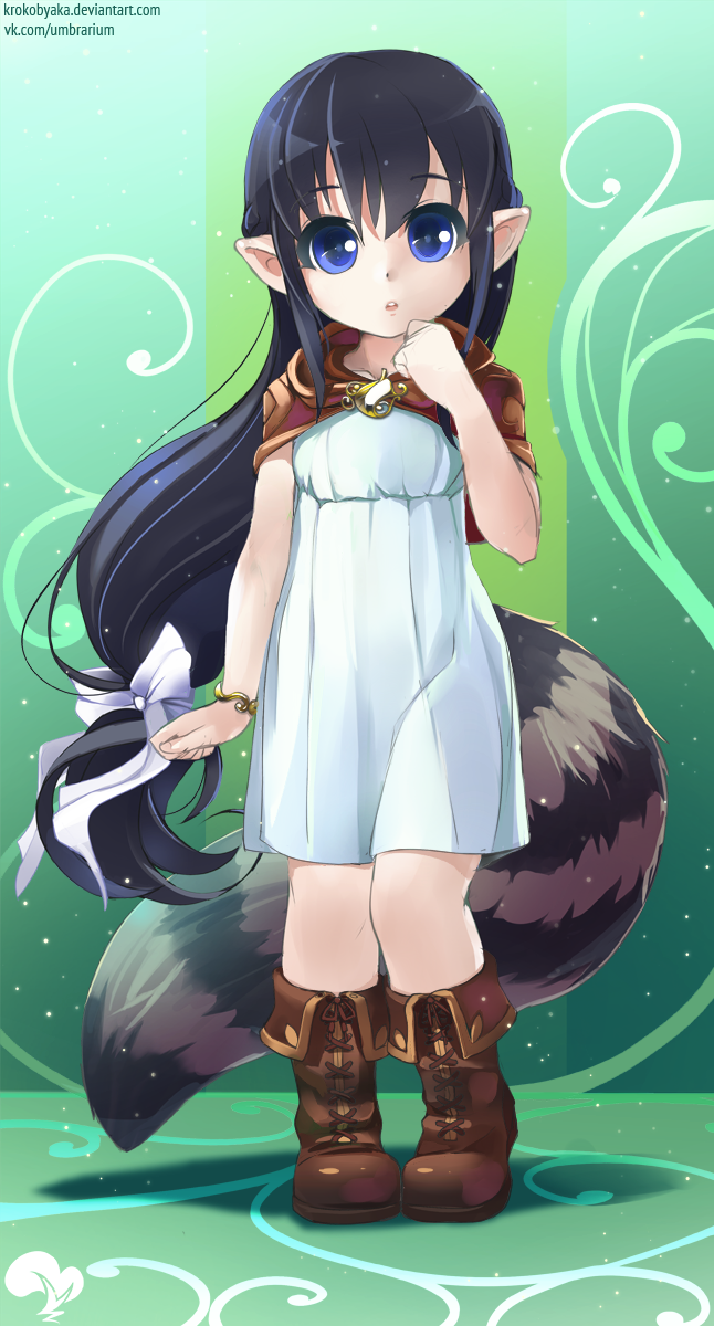 black_hair blue_dress blue_eyes boots bracelet capelet child dress full_body hand_to_own_mouth highres jewelry knee_boots krokobyaka long_hair looking_at_viewer low_ponytail no_animal_ears open_mouth original pointy_ears raccoon_tail ribbon solo tail very_long_hair