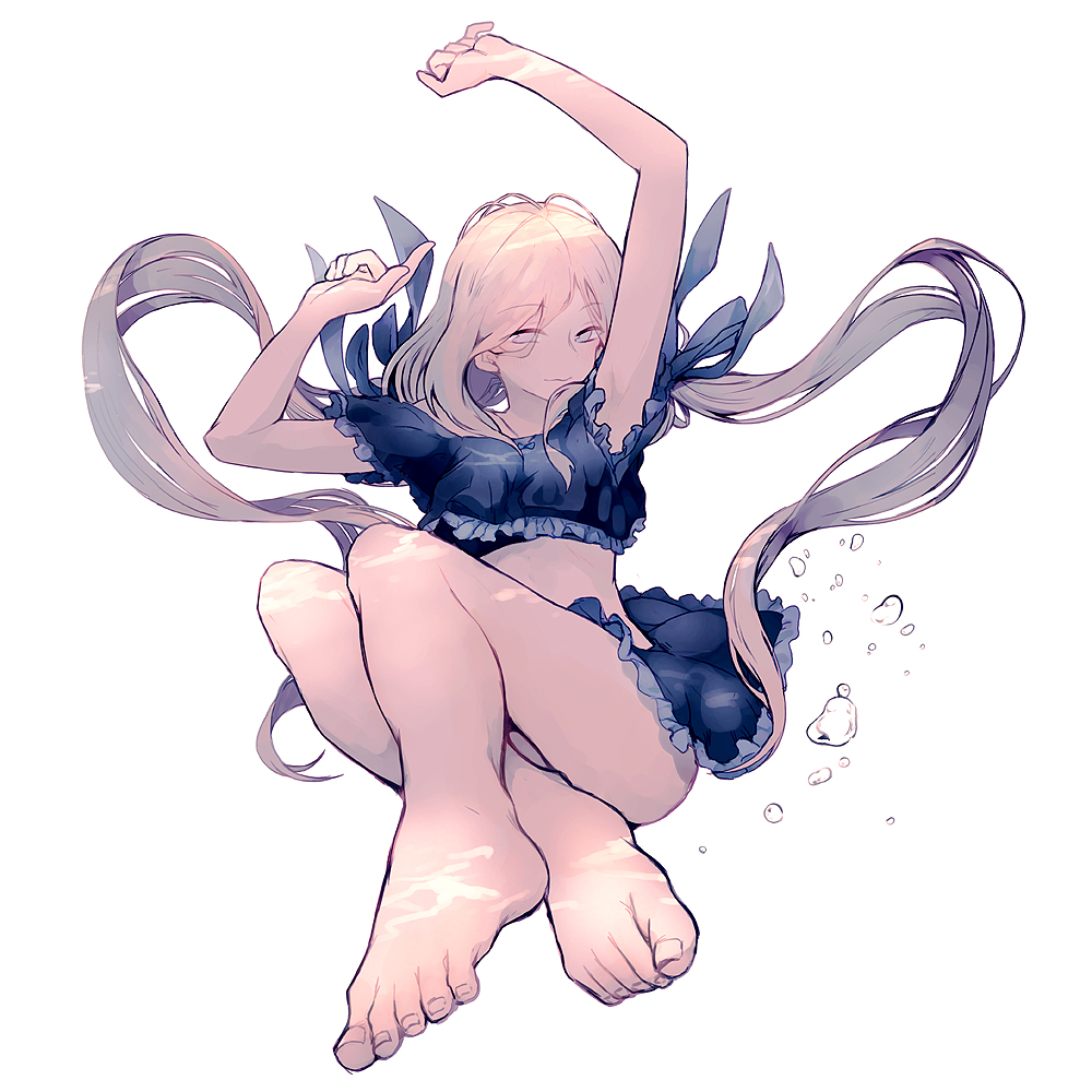 air_bubble armpits arms_up bare_legs barefoot black_skirt bubble closed_mouth commentary_request crop_top eyebrows_visible_through_hair feet fish floating_hair frills light_smile long_hair looking_at_viewer midriff miyanoyori original simple_background skirt solo submerged thighs toes tsurime underwater white_background