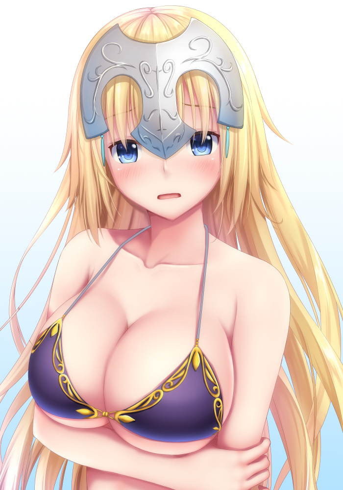 :o bangs bare_arms bare_shoulders bikini blonde_hair blue_eyes blush breast_hold breasts cleavage collarbone commentary_request eyebrows_visible_through_hair fate/apocrypha fate/grand_order fate_(series) gradient gradient_background halter_top halterneck headpiece holding_arm jeanne_d'arc_(fate) jeanne_d'arc_(fate)_(all) large_breasts long_hair looking_at_viewer open_mouth solo standing swimsuit tapisuke upper_body