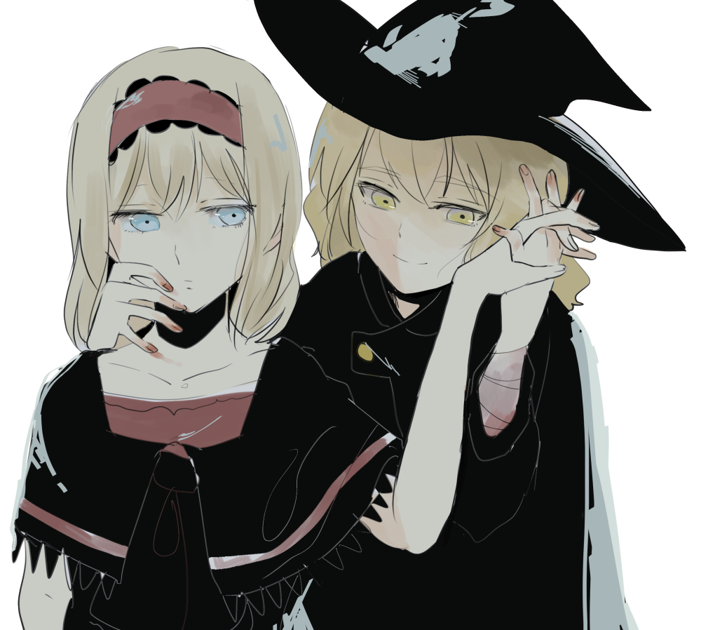 alice_margatroid alternate_costume bad_id bad_pixiv_id bandages blonde_hair blue_eyes bow cape capelet expressionless hair_bow hand_on_another's_cheek hand_on_another's_face hat holding_hands interlocked_fingers kirisame_marisa long_hair menbou_(nonnontako) multiple_girls short_hair smile touhou white_background witch_hat yellow_eyes yuri