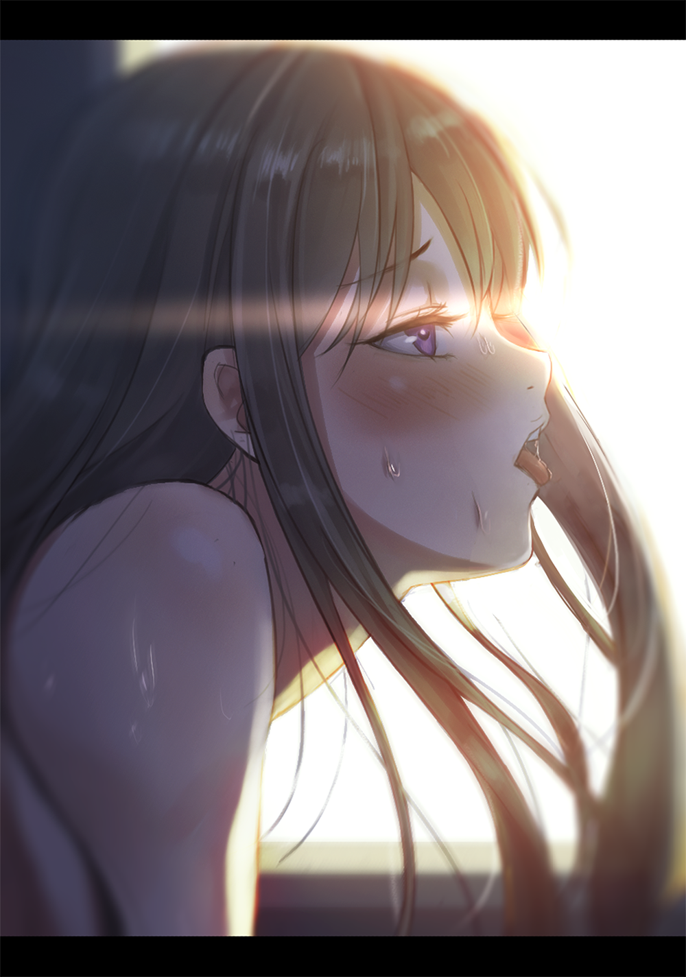 backlighting bangs bare_shoulders blurry blush brown_hair commentary_request day depth_of_field eyebrows_visible_through_hair floating_hair highres implied_sex indoors letterboxed long_hair looking_away open_mouth original purple_eyes saliva shiny shiny_hair sidelocks solo sunlight sweat tight_(ohmygod) tongue tongue_out torogao window
