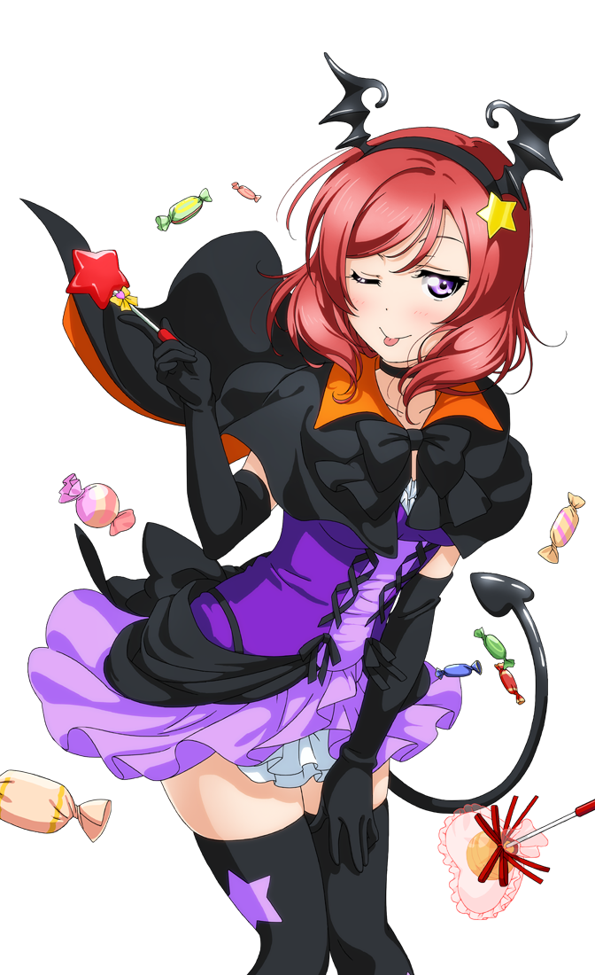 ;p artist_request bat_wings blush bow candy choker collarbone dancing_stars_on_me! demon_tail dress elbow_gloves food gloves hair_ornament halloween holding looking_at_viewer love_live! love_live!_school_idol_festival love_live!_school_idol_festival_after_school_activity love_live!_school_idol_project nishikino_maki official_art one_eye_closed purple_eyes red_hair short_hair smile solo star star_hair_ornament tail thighhighs tongue tongue_out transparent_background wings zettai_ryouiki