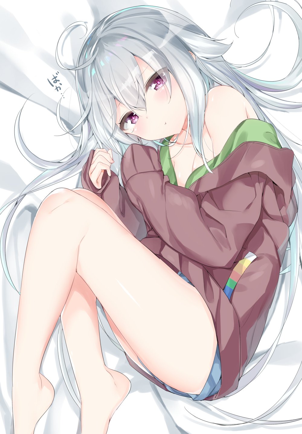 :t ahoge bare_legs barefoot breasts cleavage closed_mouth hair_between_eyes highres kamioka_shun'ya legs_up long_hair long_sleeves looking_at_viewer lying off_shoulder on_bed on_side original purple_eyes shiori_(kamioka_shun'ya) short_shorts shorts silver_hair sleeves_past_wrists small_breasts solo tears