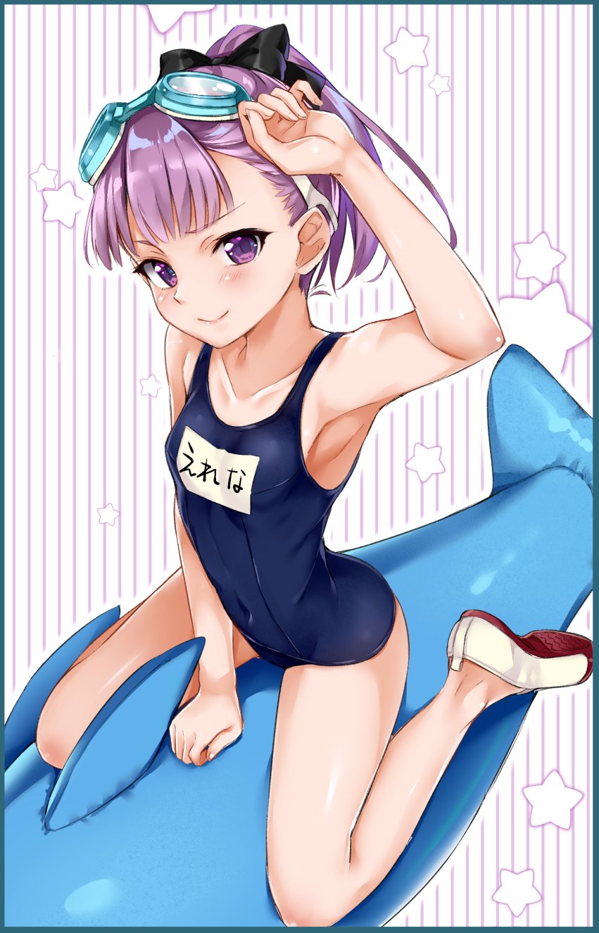arm_up armpits bow breasts character_name closed_mouth collarbone commentary_request covered_navel fate/grand_order fate_(series) goggles goggles_on_head hair_bow helena_blavatsky_(fate/grand_order) helena_blavatsky_(swimsuit_archer)_(fate) highres inflatable_dolphin inflatable_toy looking_at_viewer name_tag nishimi_shin no_socks old_school_swimsuit one-piece_swimsuit ponytail purple_eyes purple_hair school_swimsuit shoes short_hair small_breasts smile solo star starry_background straddling striped striped_background swimsuit uwabaki vertical-striped_background vertical_stripes