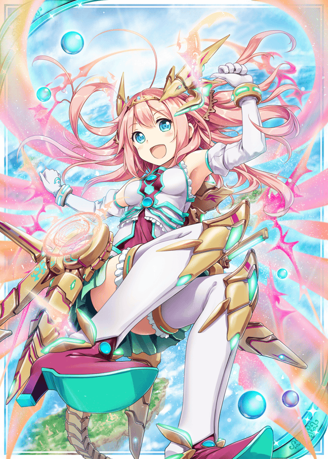 akkijin armpits blue_eyes bodysuit boots card_(medium) flying gauntlets gloves hand_up island long_hair mecha_musume ocean official_art open_mouth orbit pink_hair shinkai_no_valkyrie smile solo thighhighs white_gloves