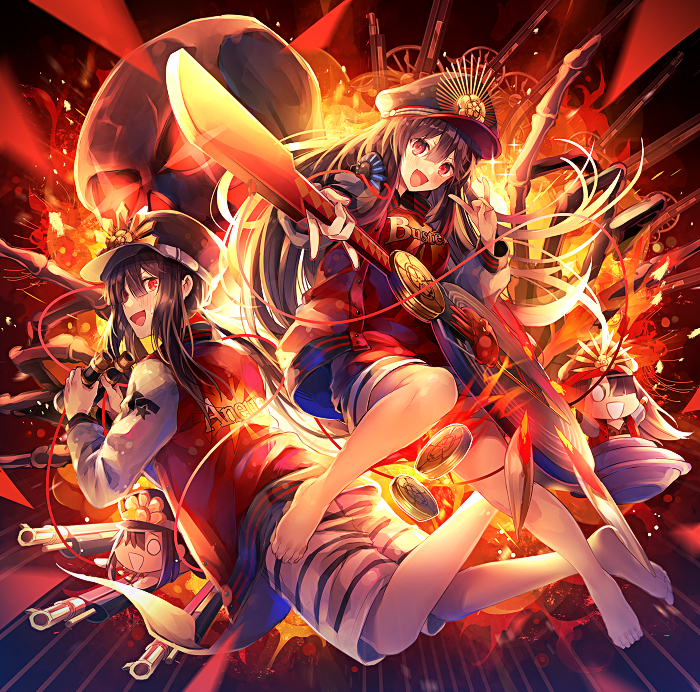 3girls :d \m/ bangs barefoot binoculars black_hair blush brother_and_sister buster_shirt commentary_request fate_(series) gun hair_between_eyes hat headphones headphones_around_neck holding holding_instrument instrument jacket keikenchi_(style) letterman_jacket long_hair looking_at_viewer military_hat multiple_girls multiple_persona musket oda_nobukatsu_(fate/grand_order) oda_nobunaga_(fate) oda_nobunaga_(swimsuit_berserker)_(fate) open_clothes open_jacket open_mouth peaked_cap red_eyes red_shirt rifle shirt shorts siblings skirt skull smile striped striped_shorts striped_skirt t-shirt weapon white_skirt yunohito
