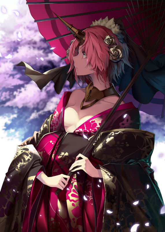bad_arm bad_proportions bare_shoulders black_ribbon blue_eyes breasts cleavage closed_mouth collarbone day dress fate/apocrypha fate_(series) floral_print flower frankenstein's_monster_(fate) hair_flower hair_ornament hair_ribbon holding holding_umbrella horn japanese_clothes kimono long_sleeves looking_away obi off_shoulder official_art oriental_umbrella outdoors petals pink_hair profile ribbon rose sash short_hair small_breasts solo soya_(torga) standing umbrella white_flower white_rose wide_sleeves