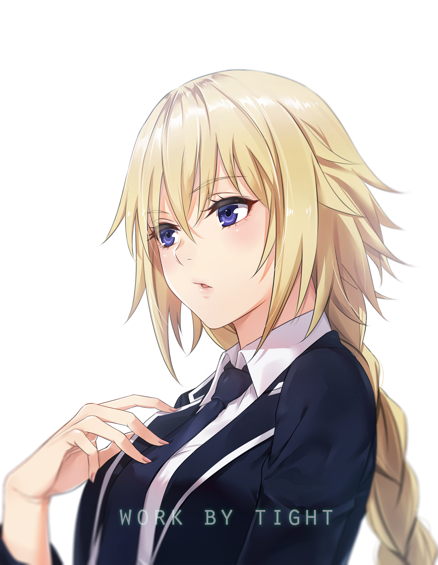 bangs black_jacket black_neckwear blonde_hair braid casual collared_shirt eyebrows_visible_through_hair fate/apocrypha fate_(series) hair_between_eyes hand_on_own_chest hand_up jacket jeanne_d'arc_(fate) jeanne_d'arc_(fate)_(all) long_hair long_sleeves looking_away necktie parted_lips purple_eyes shiny shiny_hair shirt simple_background single_braid solo tight_(ohmygod) upper_body white_background white_shirt wing_collar