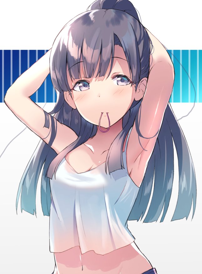armpits arms_up bangs black_hair blunt_bangs blush breasts brown_eyes camisole closed_mouth crop_top eyebrows_visible_through_hair hair_tie hair_tie_in_mouth holding holding_hair idolmaster idolmaster_cinderella_girls kobayakawa_sae long_hair looking_away looking_to_the_side medium_breasts midriff mouth_hold navel ponytail shirt simple_background solo tank_top tying_hair ultone_(neisiss) white_camisole white_shirt