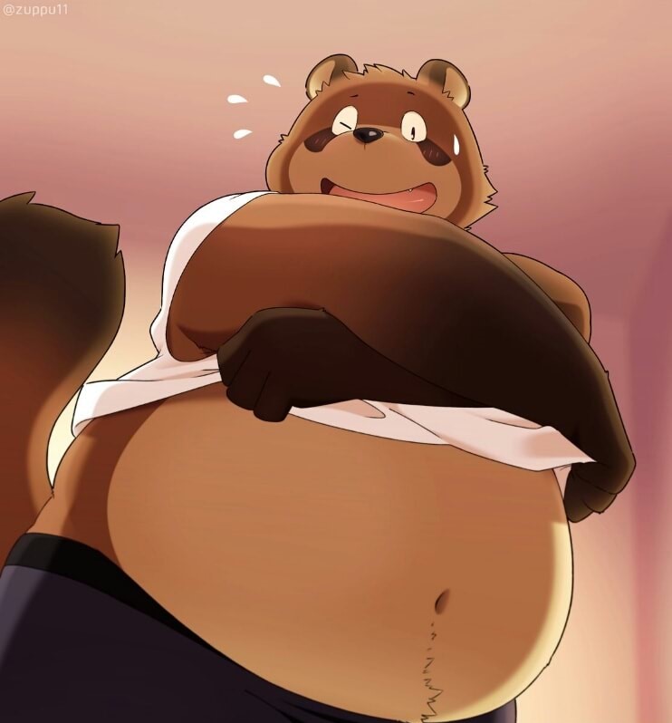 anthro bear belly big_belly blush clothed clothing digital_media_(artwork) english_text fluffy fluffy_tail happy inside male mammal one_eye_closed overweight overweight_male panda red_panda sweat sweatdrop text tongue underwear undressing wink zuppu11