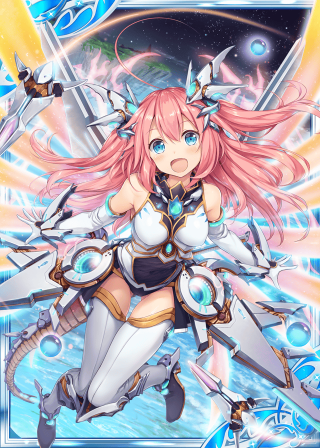 akkijin ass_visible_through_thighs blue_eyes bodysuit boots card_(medium) flying gauntlets gloves island long_hair looking_at_viewer mecha_musume night night_sky official_art orbit pink_hair shinkai_no_valkyrie sky smile solo thighhighs white_gloves
