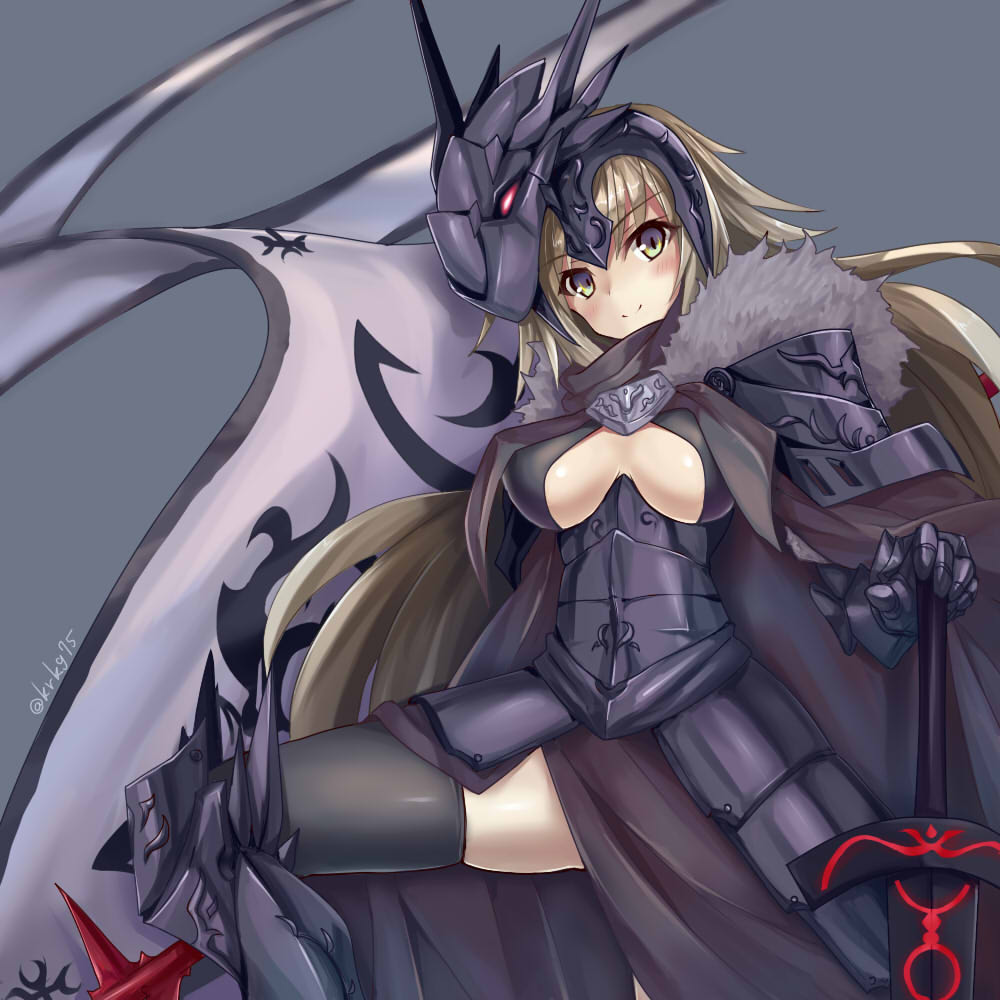 armor armored_dress bangs black_legwear blonde_hair blush breasts cape commentary_request cowboy_shot fate/grand_order fate_(series) faulds flag fur_trim gauntlets greaves headpiece helmet holding holding_sword holding_weapon jeanne_d'arc_(alter)_(fate) jeanne_d'arc_(fate)_(all) kurokage large_breasts long_hair looking_at_viewer smile solo sword thighhighs very_long_hair weapon yellow_eyes