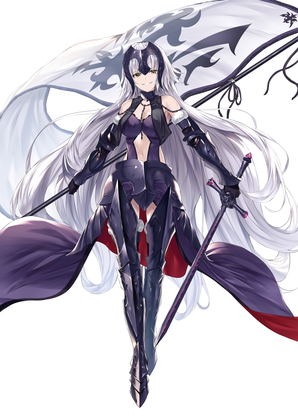 armor armored_boots armored_dress bangs bare_shoulders black_cape black_gloves boots breasts cape chain cleavage commentary_request fate/grand_order fate_(series) flag full_body fur-trimmed_gloves fur_trim gauntlets gloves headpiece heirou highres holding holding_flag holding_sword holding_weapon jeanne_d'arc_(alter)_(fate) jeanne_d'arc_(fate)_(all) long_hair looking_at_viewer medium_breasts navel parted_lips silver_hair simple_background smile solo standing sword teeth thigh_boots thighhighs very_long_hair weapon white_background yellow_eyes