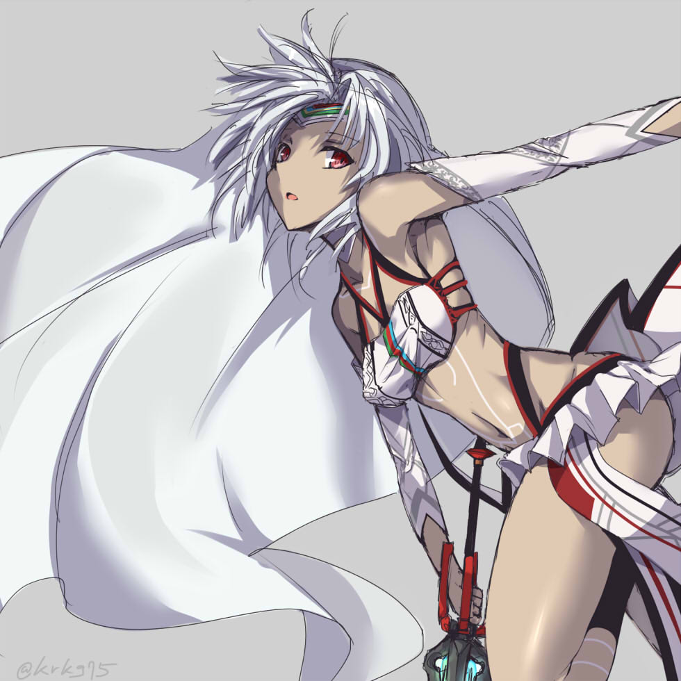altera_(fate) armpits bangs bare_shoulders breasts commentary_request cowboy_shot dark_skin detached_sleeves fate/extella fate/extra fate/grand_order fate_(series) from_side holding holding_sword holding_weapon kurokage looking_at_viewer looking_to_the_side midriff navel parted_lips photon_ray red_eyes short_hair small_breasts solo stomach sword tattoo veil weapon white_hair