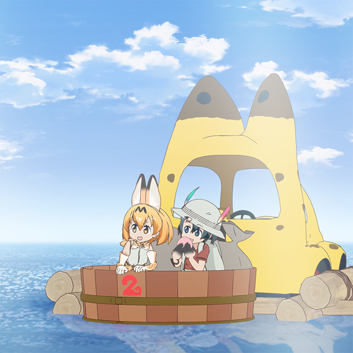 :d animal_ears black_hair blonde_hair bow bowtie cloud commentary day eating elbow_gloves gloves hat hat_feather japari_bus kaban_(kemono_friends) kemono_friends multiple_girls ocean open_mouth outdoors red_shirt reflection serval_(kemono_friends) serval_ears shirt short_hair short_sleeves sky sleeveless smile tatsuki_(irodori) tub v-shaped_eyebrows yellow_eyes